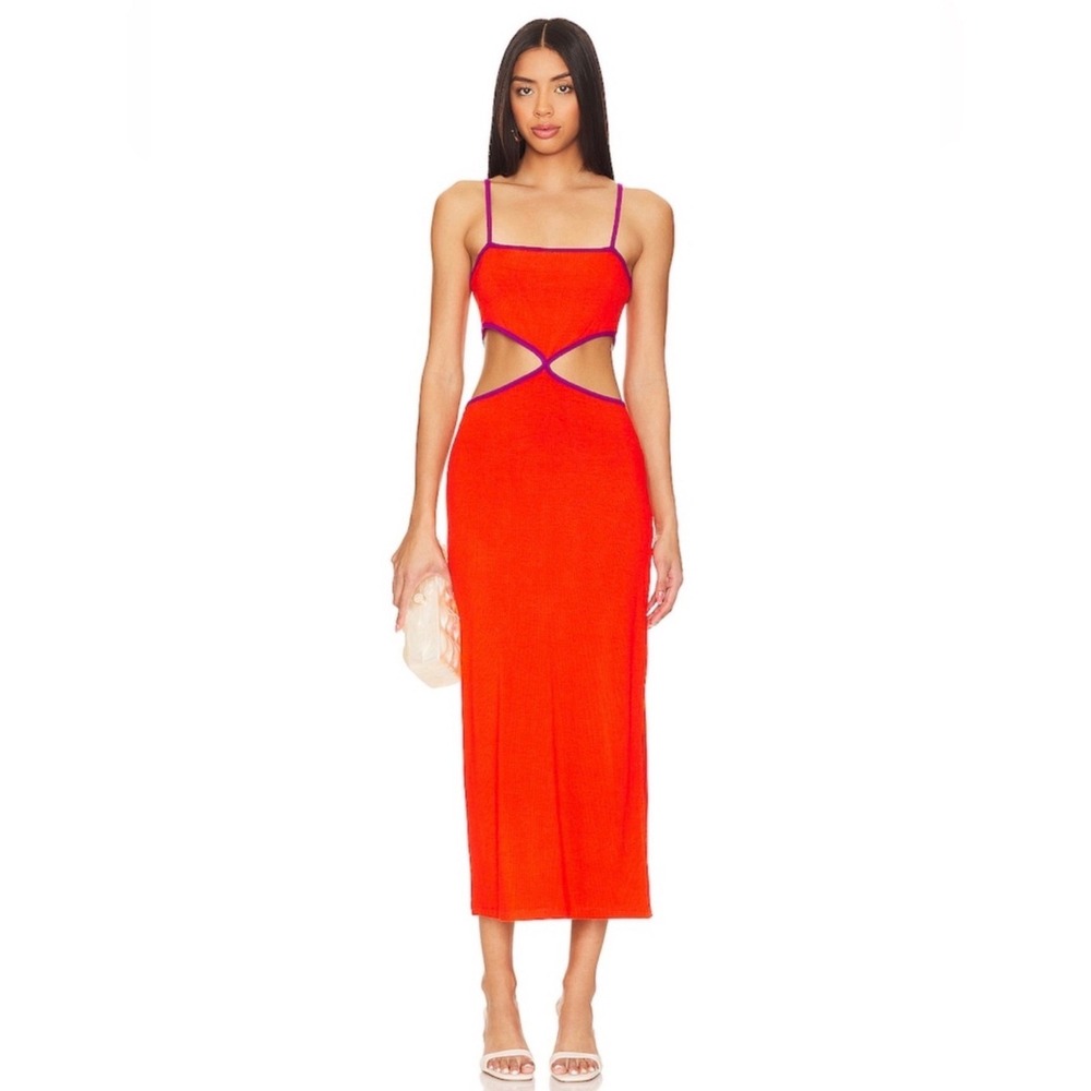 L*SPACE Libra Cutout Midi Dress Pimento Berry Red Ribbed Sz Large‎